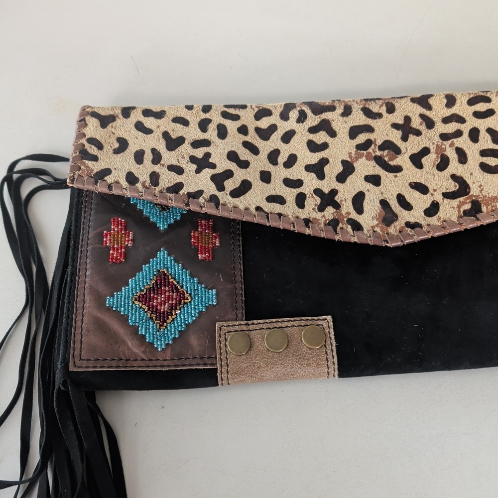 Double D Ranch Black Fringe Clutch with Leopard-Flap and Turquoise Accents - Picture 4 of 13
